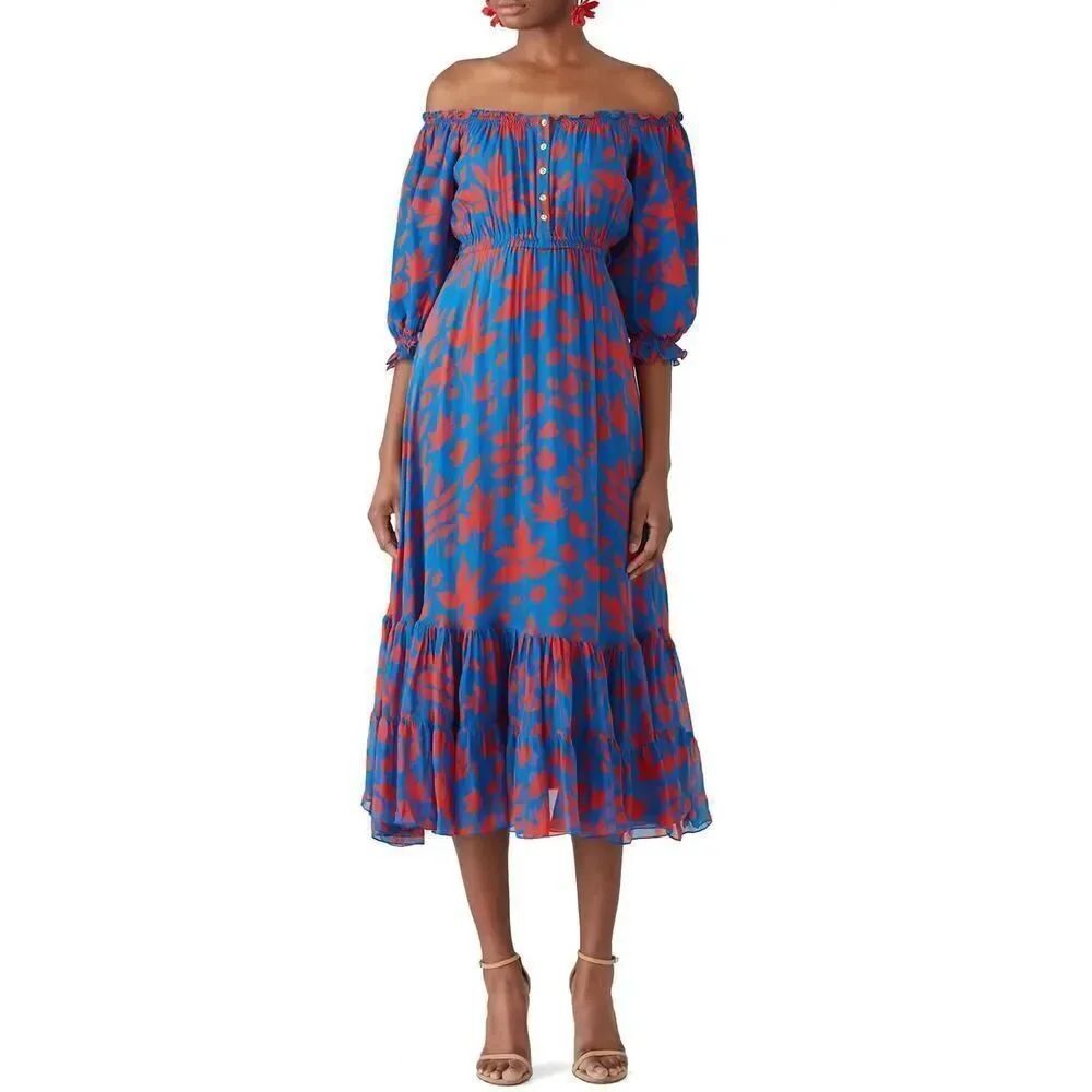 Carolina K Silk Off Shoulder Midi Dress Blue Red Floral Print Size S Lined